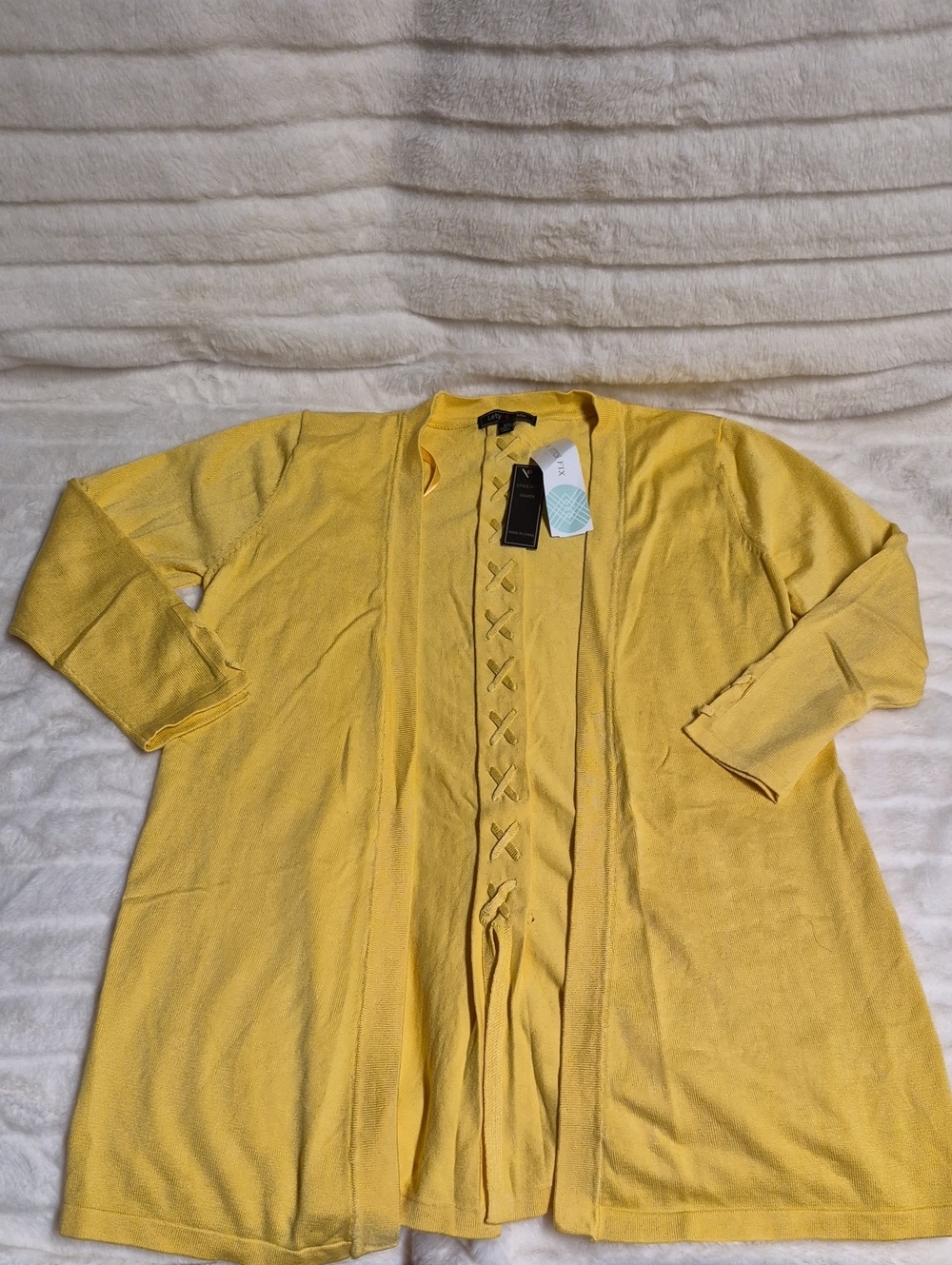 Women's Yellow Open-Front Cardigan with Lattice Trim